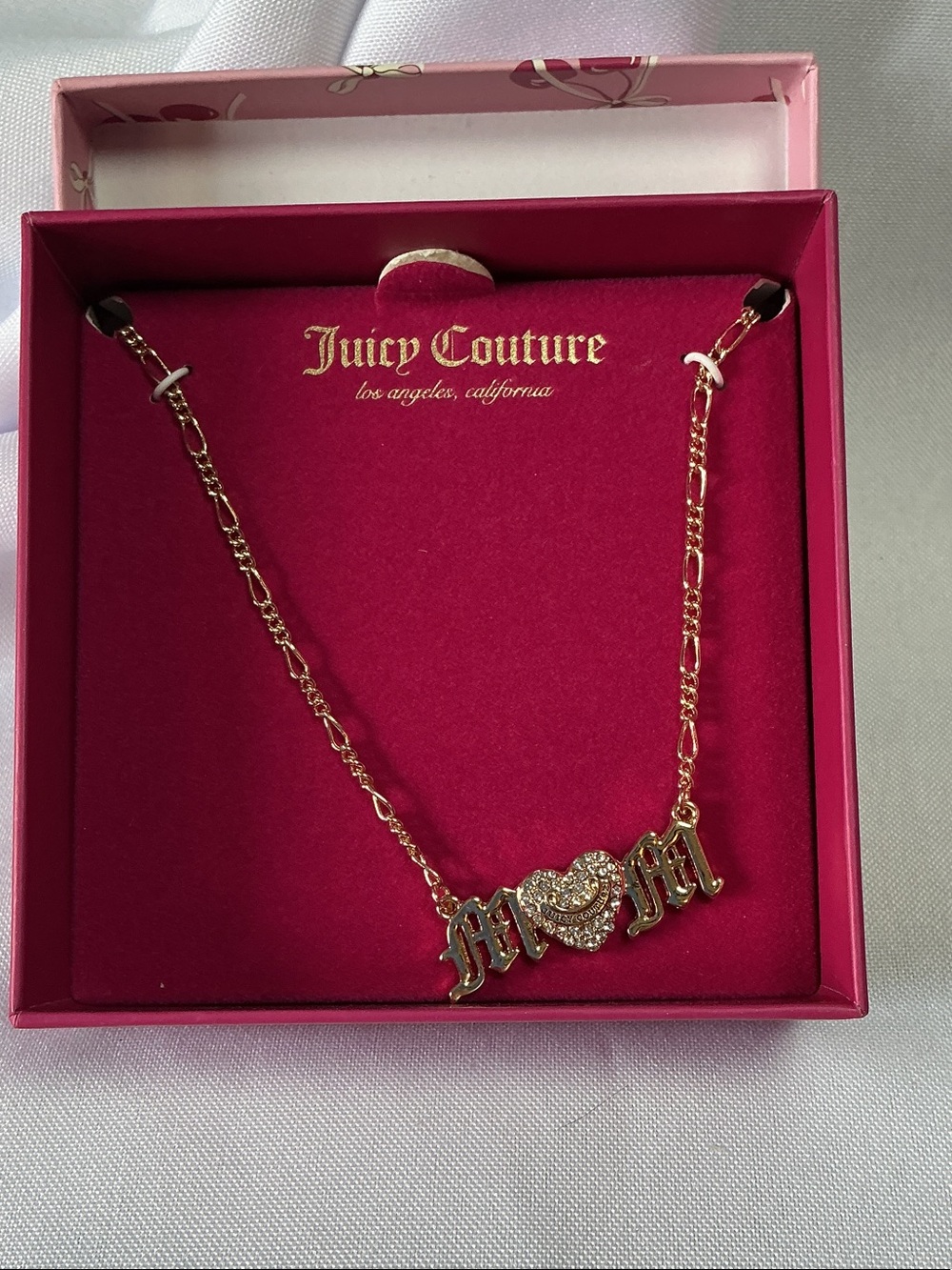 Juicy Couture Gold Tone MOM Rhinestone Heart Necklace NWT Gift Box